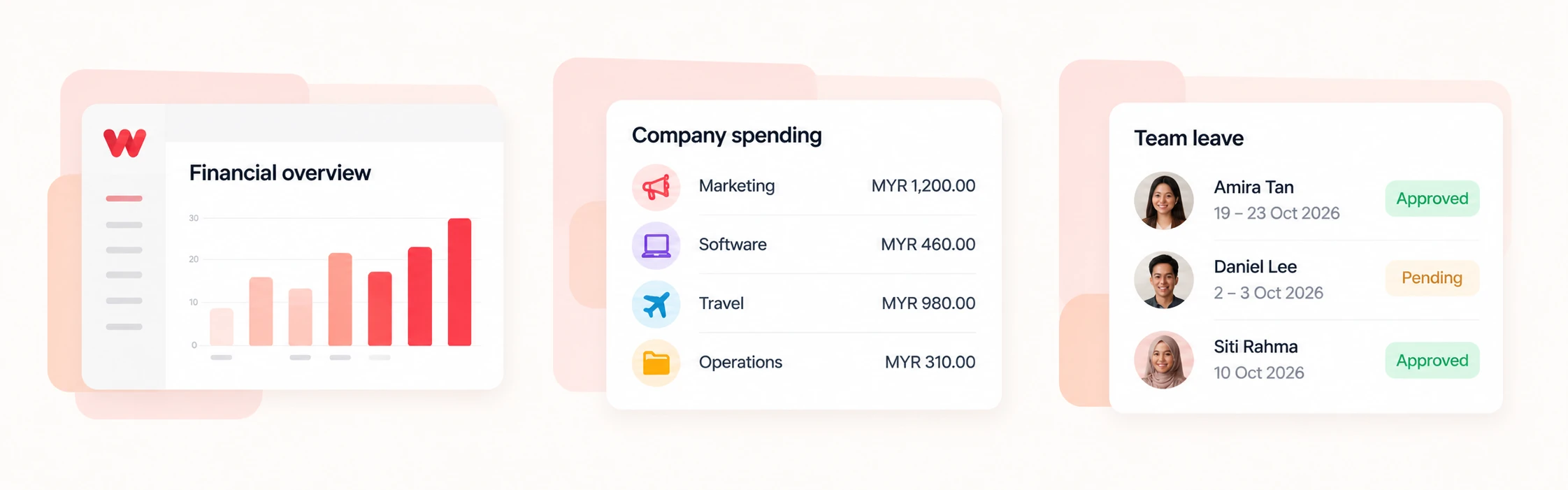 Illustrative previews of financial reporting, company spending and team leave