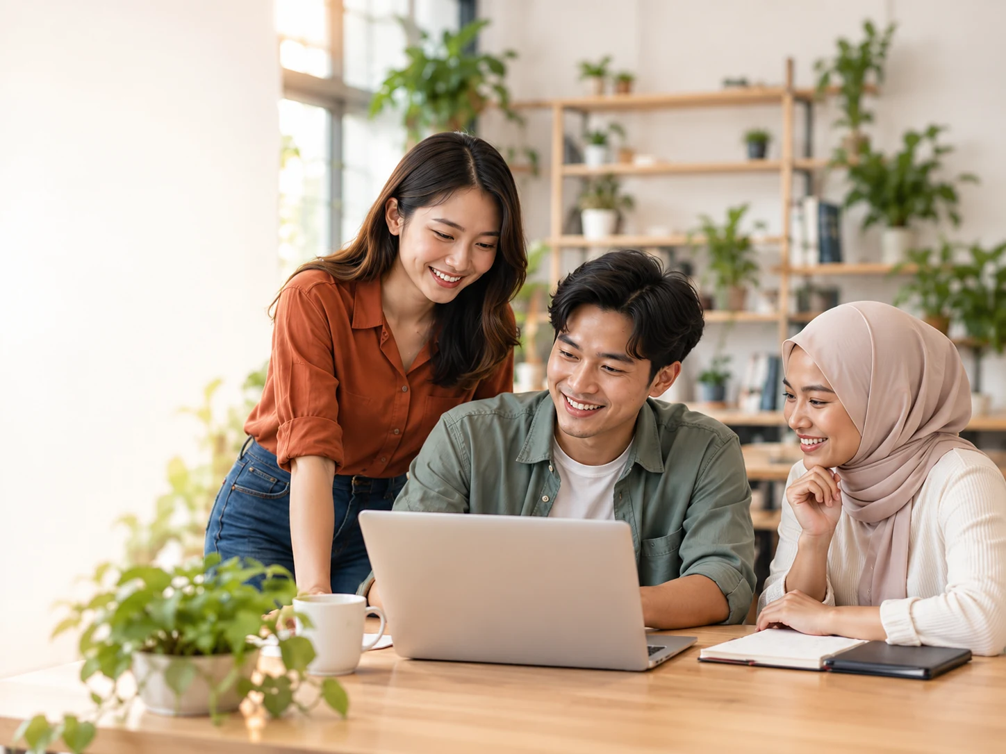Three colleagues sharing ideas around a laptop in a bright workspace